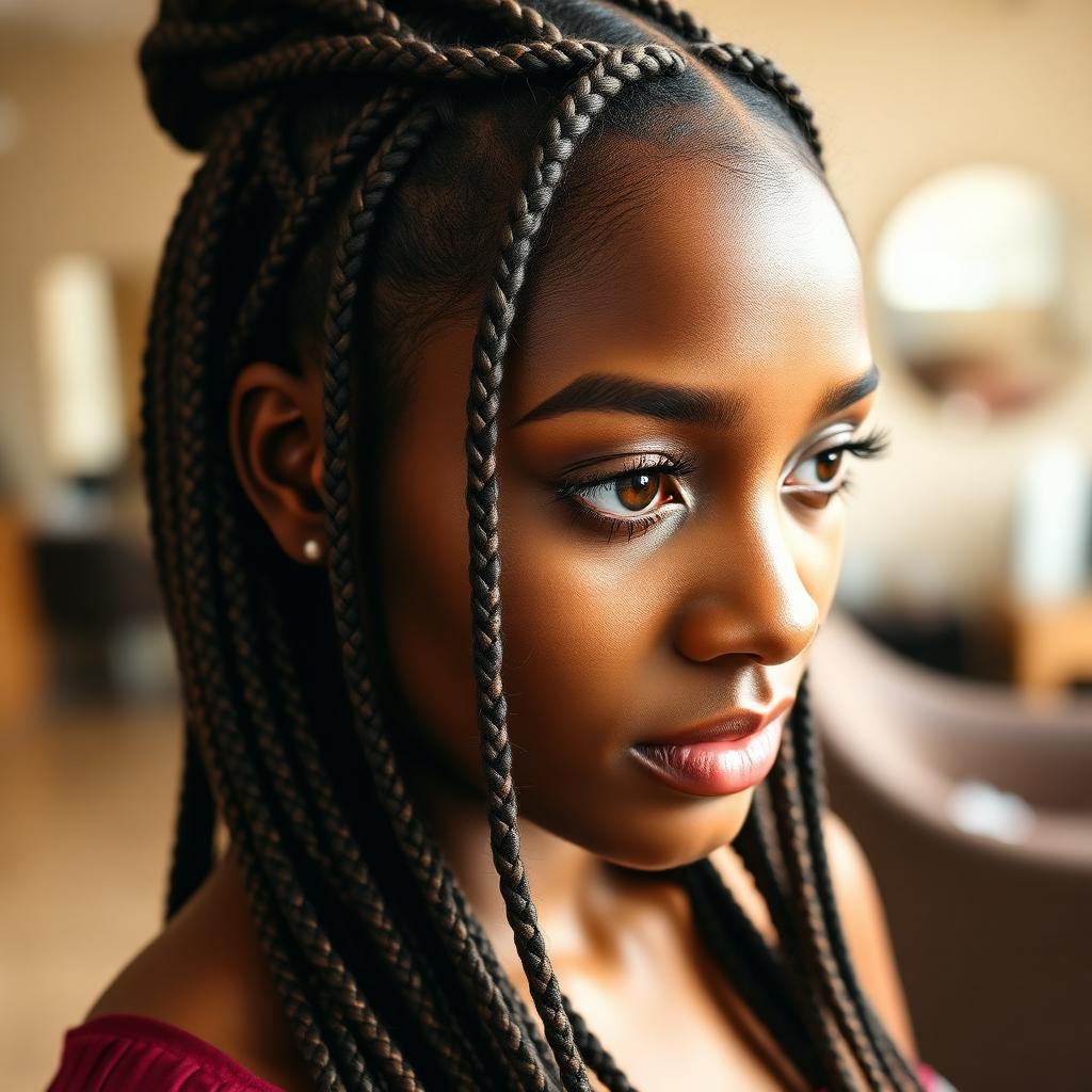 Small knotless braids on a Nigerian woman in a Lekki hair salon