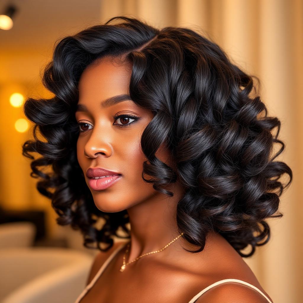 Custom curly wig styled on a client at Amber & Ivory Lagos